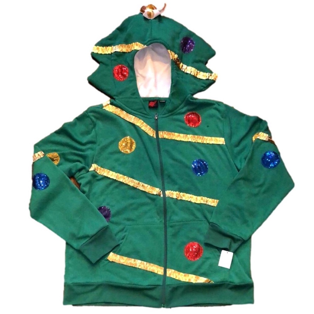 W UNISEX Full Zip Sequin Ornaments Gold Tinsel Christmas Tree w Pocket Sz XL NWT